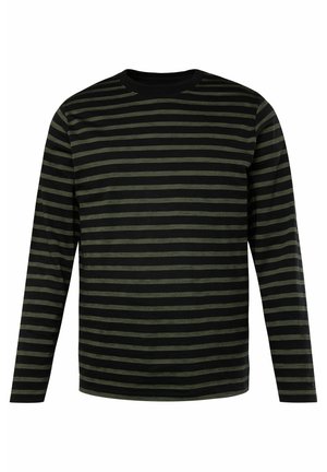 Chemise à manches longues en coton, avec des rayures horizontales noir et vert olive. Encolure bateau et texture douce.