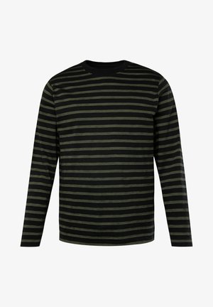 Chemise à manches longues en coton, avec des rayures horizontales noir et vert olive. Encolure bateau et texture douce.
