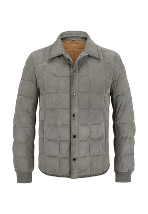 Grau gesteppte Jacke mit einer suedartigen Textur, ausgestattet mit einer dunklen Knopfleiste, Kragen und gerippten Bündchen. Gefüttert mit einer kontrastierenden beige Farbe.
