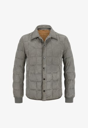Grau gesteppte Jacke mit einer suedartigen Textur, ausgestattet mit einer dunklen Knopfleiste, Kragen und gerippten Bündchen. Gefüttert mit einer kontrastierenden beige Farbe.