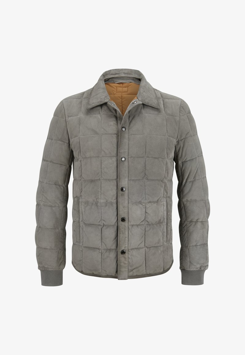 Grau gesteppte Jacke mit einer suedartigen Textur, ausgestattet mit einer dunklen Knopfleiste, Kragen und gerippten Bündchen. Gefüttert mit einer kontrastierenden beige Farbe.