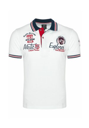 Valge polosärk tumesinise kraega, punase ja tumesinise triibuliste mansettidega ning Arktika avastaja teemaliste tekstide ja tikanditega punases, tumesinises ja mustas.