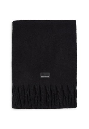 Must mustriga sall, millel on pehmete tekstuuridega kangas ja tikitud silt, millel on kirjutatud "Karl Lagerfeld Jeans". Lihtne ristkülikukujuline disain.