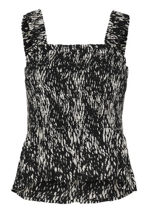 Černobílý top s nabíraným designem a čtvercovým výstřihem, vyrobený z texturované látky a s rozšířeným lemem. Popruhy jsou mírně volánkové.