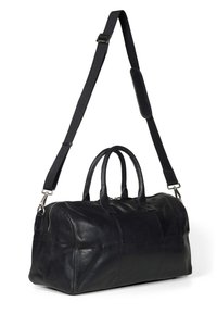 Svart läderväska med blixtlås, dubbla handtag och avtagbar axelrem. Slät textur med subtila sömnadsdetaljer.