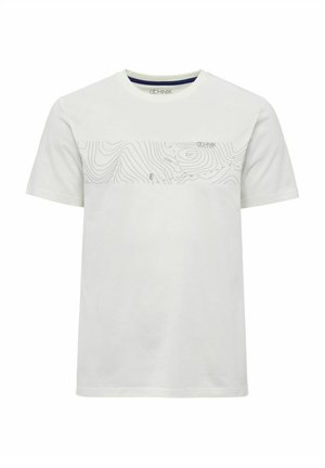 Biała bawełniana koszulka z okrągłym dekoltem, z delikatnym szarym wzorem topograficznym na klatce piersiowej oraz logotypem powyżej. Krótkie rękawy.