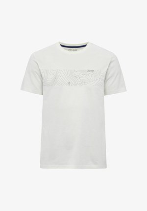 Biała bawełniana koszulka z okrągłym dekoltem, z delikatnym szarym wzorem topograficznym na klatce piersiowej oraz logotypem powyżej. Krótkie rękawy.