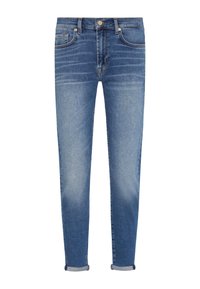 Jeans in denim azzurro chiaro con vestibilità slim, dotati di cinque tasche, chiusura con bottone e orli arrotolati. Aspetto usurato e sbiadito.