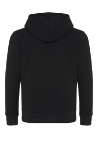 Schwarzer Kapuzenpullover aus weichem Stoff. Verfügt über lange Ärmel, eine Kängurutasche sowie gerippte Bündchen und Saum. Glatte Textur.