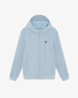 Šviesiai mėlynas gobtuvu užsegamas džemperis su prisegta gaubtu, dviem priekiniams kišenėmis ir mažu geltonu paukščio logotipu kairėje krūtinės pusėje.