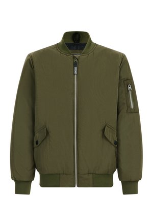 Kurtka bomberka w oliwkowej zieleni z zamkiem błyskawicznym z przodu, żeberkowanym kołnierzem i mankietami, wyposażona w boczne kieszenie oraz kieszeń na rękawie na zamek.