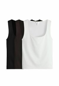 Drei ärmellose Tanktops in Schwarz und Weiß. Rundhalsausschnitt, glatte Textur und schlichtes Muster. Jedes Top ist nebeneinander angezeigt.