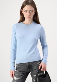 Lyseblå strikkegenser med rund hals og lange ermer, med ribbestrikket kant og brodert logodetalj på brystet.