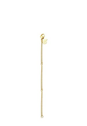 Bracciale in oro caratterizzato da maglie, chiusura a moschettone e un piccolo ciondolo a forma di conchiglia. Tessitura liscia con una finitura lucida.