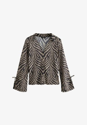 Lange mouwen, lichtgewicht shirt met een beige en zwarte tijgerstreep patroon, knopen aan de voorkant en gestrikte manchetten voor een verstelbare pasvorm.