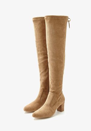 Beige Wildleder-Stiefel in Knielänge mit spitz zulaufender Zehenpartie und Blockabsatz, einer glatten Textur und minimalen Nähten. Verstellbare Schnürung am oberen Ende.