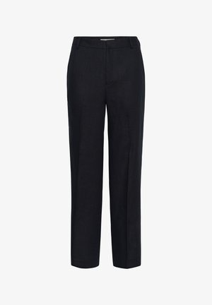 Pantalon noir à jambes droites avec passants pour ceinture, fermeture éclair à l'avant et coupe ajustée, présenté sur un fond blanc.