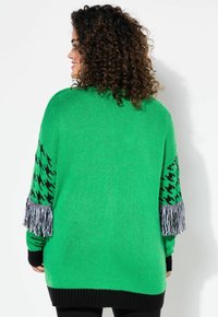 Vihreä neulepaita, jossa on pitkät hihat ja houndstooth-kuvio, musta reunus ja frillaat yksityiskohdat hihoissa.
