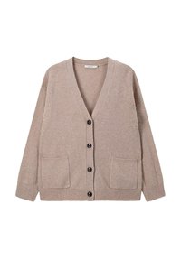 Cardigan en laine beige avec un col en V, six boutons sur le devant, deux poches avant et des poignets et un ourlet côtelés. Texture douce.