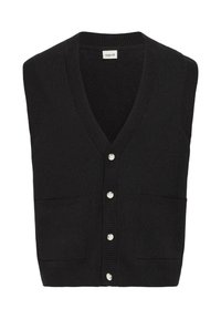 Zwarte gebreide mouwloze cardigan met V-hals, vijf witte knopen aan de voorkant en twee zakken aan de voorkant.