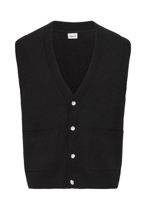 Black knitted sleeveless cardigan with V-neck, five white buttons down the front, and two front pockets.