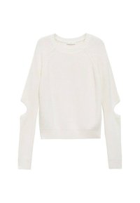 Weißer, gestrickter Pullover mit langen Ärmeln, offenen Schulterausschnitten und gerippten Bündchen. Verfügt über einen Rundhalsausschnitt und eine normale Passform.