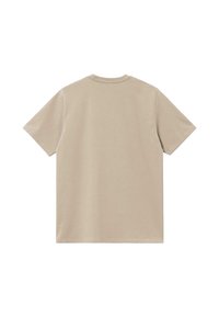 Camiseta de manga corta beige hecha de algodón suave, con un cuello redondo clásico y una textura lisa sin logotipos ni patrones visibles.