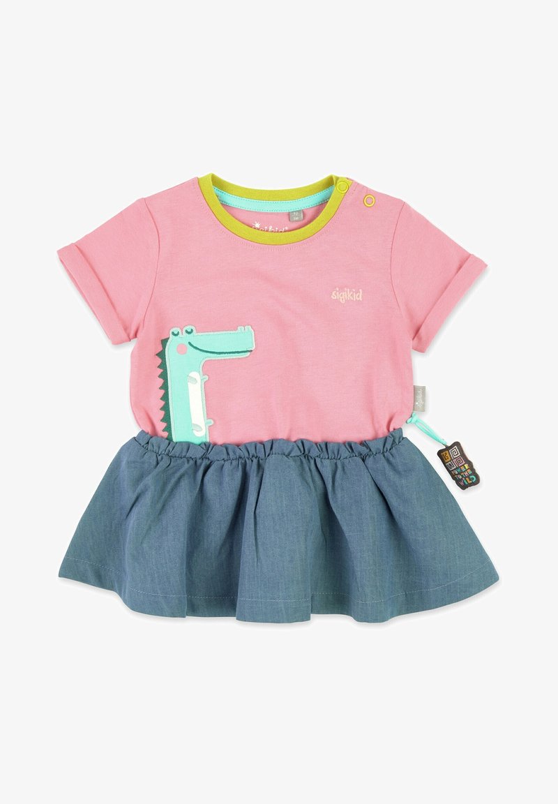 Růžové šaty s krátkým rukávem a límcem s zeleným akcentem. Na hrudi mají design zeleného dinaosura a sukně v denimovém stylu s volánky.