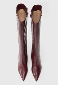 Pair of tall, pointed-toe, burgundy leather boots with side zippers, viewed from above on a white background.