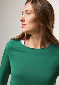 Grünes langärmliges Strickoberteil mit rundem Ausschnitt und glatter Textur. Mit einem weißen Hemd darunter kombiniert, das einen Kontrast zeigt.