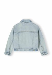 Veste en denim bleu clair avec un col, des manches longues et des accents de boutons en argent. Présente une forme structurée et des détails de couture au dos.