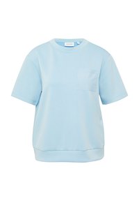 Lichtblauwe sweatshirt met korte mouwen, gemaakt van zacht materiaal, met een ronde hals en een voorkantzak. Soepele textuur zonder patronen.