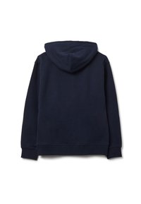 Hoodie blu navy con una texture morbida, dotato di cappuccio con coulisse, polsini e orlo a costine. Design semplice senza loghi o motivi visibili.