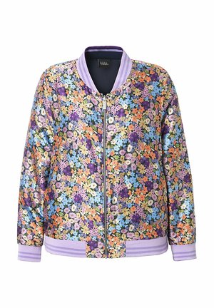 Blumen-Bomberjacke mit lebhaften Mustern in Lila, Blau, Orange und Gelb. Enthält einen gerippten Kragen und Bündchen mit kontrastierenden Streifen.