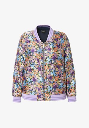 Huppari kukkakuviolla, jossa on violetteja, oransseja, sinisiä ja keltaisia kukkia. Huppari sisältää laventelin väriset ribbisoliset kaulus, hihansuut ja helma, sekä etuvetoketjun.