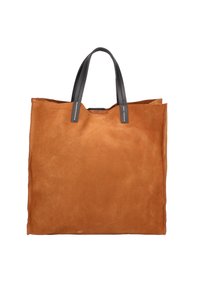 Tan suède tote bag met twee zwart lederen handvatten. Beschikt over een eenvoudig open ontwerp en zichtbare stikselaccenten op de handvatten.