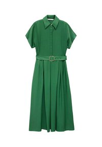 Green dress made of lightweight fabric, featuring a collared neckline, short sleeves, a belted waist, and pleated skirt.