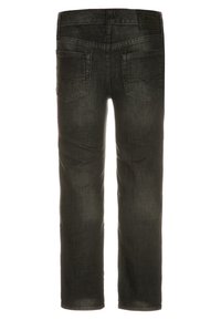 Černé džíny z denimu s rovnými nohavicemi, pěti kapsami, decentním prošitím a štítkem na pasu. Zobrazena zadní strana.