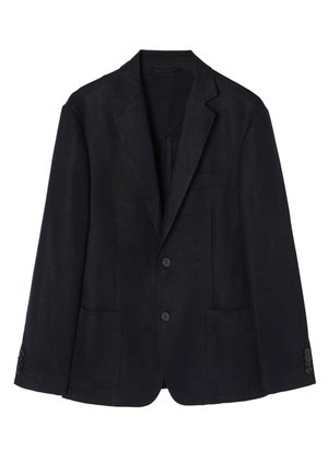 Marineblå linned blazer med to-knaps lukning, notch-lapper, to forreste lommer og knapmanchetter for en strømlinet silhuet.