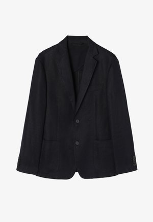 Navy linen blazer features a two-button front, notched lapels, two front pockets, and buttoned cuffs for a sleek silhouette.