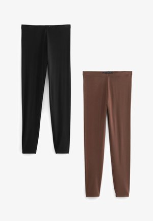 Two pairs of leggings: one in black, one in brown. Made of smooth, stretchable fabric with a close-fitting shape. No visible patterns or hardware.
