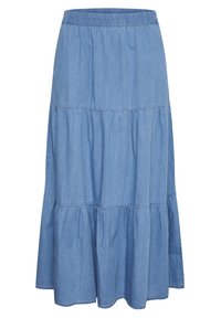 Denimkjol med lager, elastytt midjeband, i ljusblå färg, med rynkad textur och tre horisontella lager.