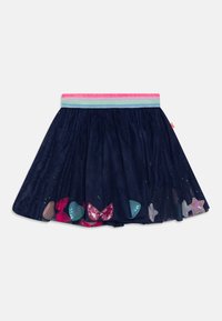 Jupe en tulle bleu marine avec une finition pailletée. Dotée d'une ceinture extensible bicolore et d'appliqués en sequins colorés en forme de cœur et d'étoile à l'ourlet.