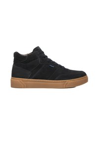 Sneakers alta in suede blu scuro con suola in gomma beige, dotate di lacci sul davanti e dettagli sui pannelli laterali.