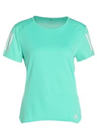 Maglietta sportiva azzurro chiaro in tessuto liscio, con maniche corte, scollo tondo e tre strisce bianche su ogni spalla.