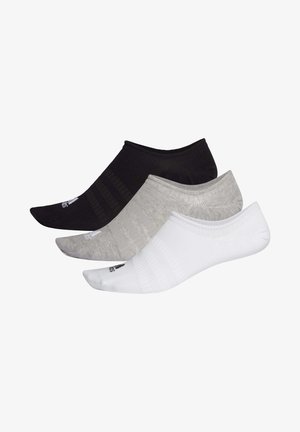 Drei Paar niedrige Socken in Schwarz, Grau und Weiß. Das schwarze Paar weist ein gestreiftes Muster auf, während das graue eine subtile Melange-Textur hat.