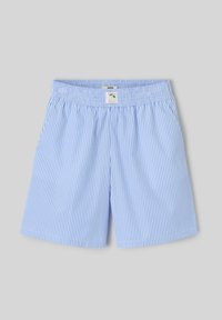Shorts rayés bleu et blanc avec une taille élastique et un ourlet cousu. Fabriqués en tissu léger, offrant une coupe décontractée.