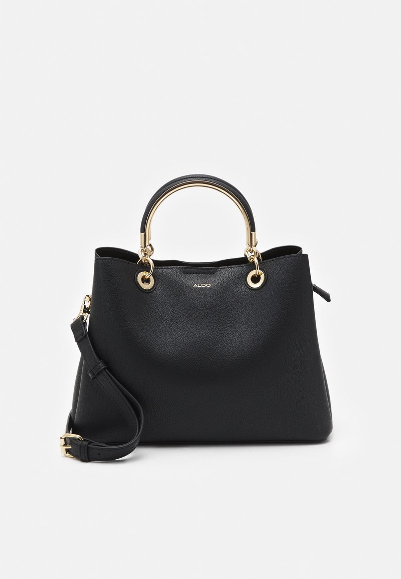 Sac à main en cuir noir avec poignée en métal doré et bandoulière amovible, avec le nom de la marque Aldo sur le devant.