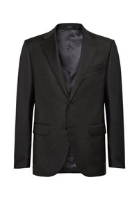 Giacca nera in tessuto testurizzato con rever a punta, due tasche frontali e chiusura con un solo bottone. Fodera interna in raso.