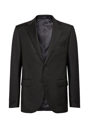 Zwart colbert van gestructureerde stof met een notch revers, twee voorzakken en een enkel knoopsluiting. Satijnen voering.